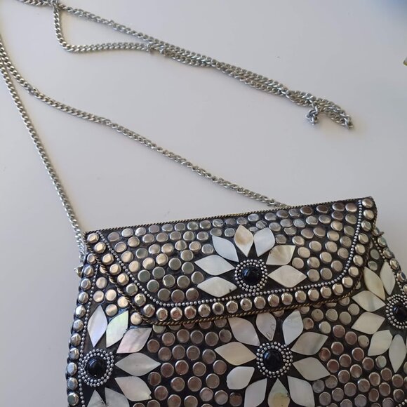 Antik Kraft Mother of Pearl Mosaic Crossbody Clutch Bag Silver Studded Boho - Picture 11 of 12